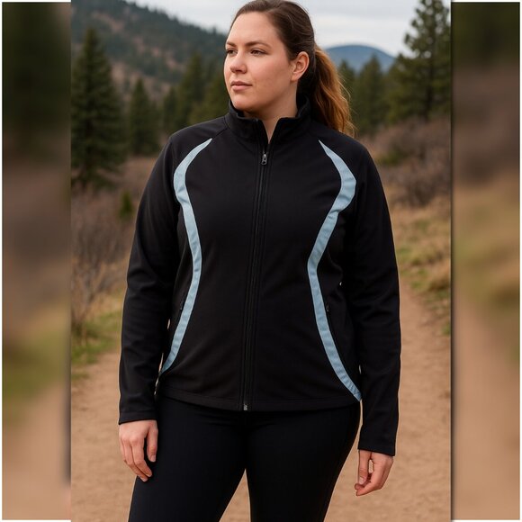 OBERMEYER Soft Shell Athletic Full Zip Jacket Black & Light Blue Womens Size 14 - Picture 1 of 7